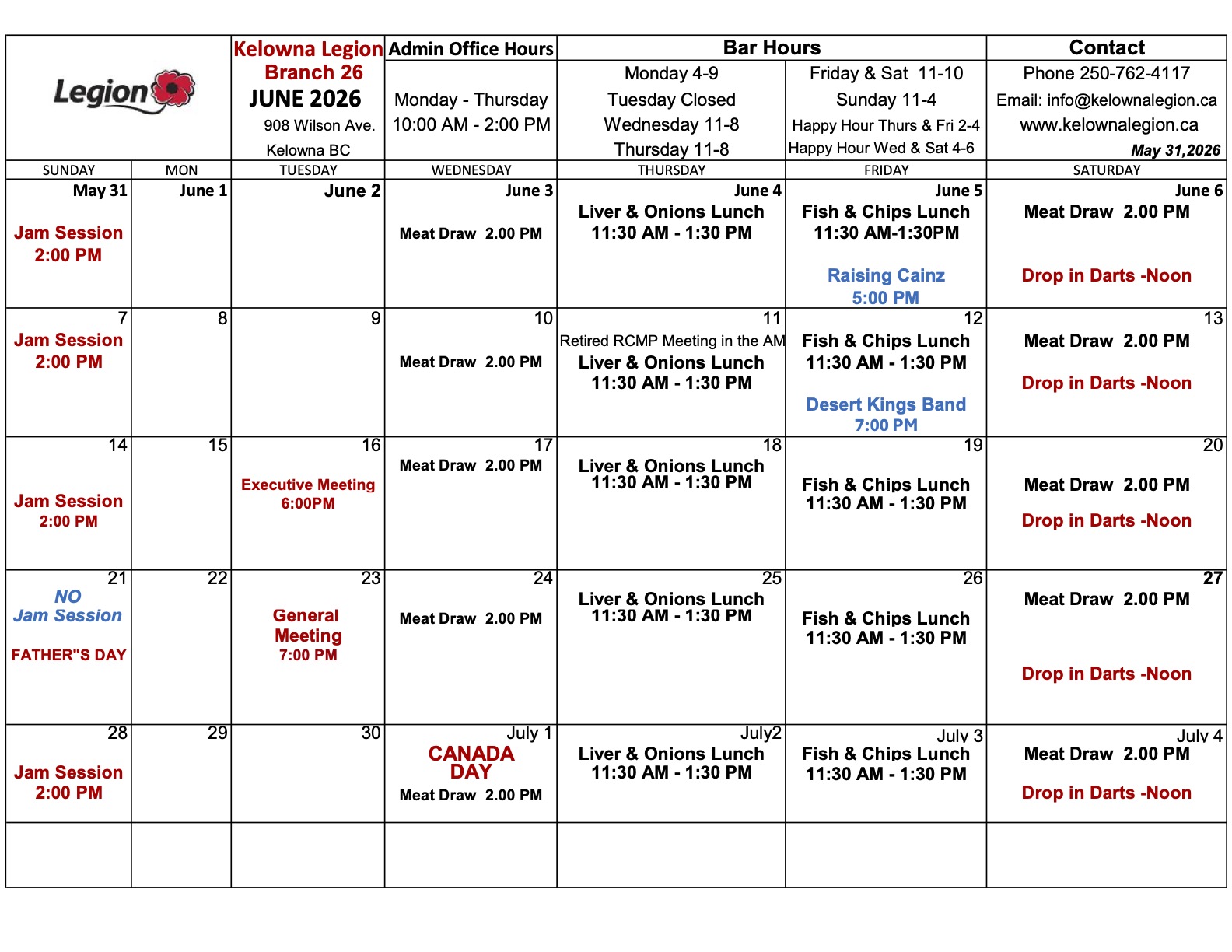 June 2026 Calendar - Kelowna Legion
