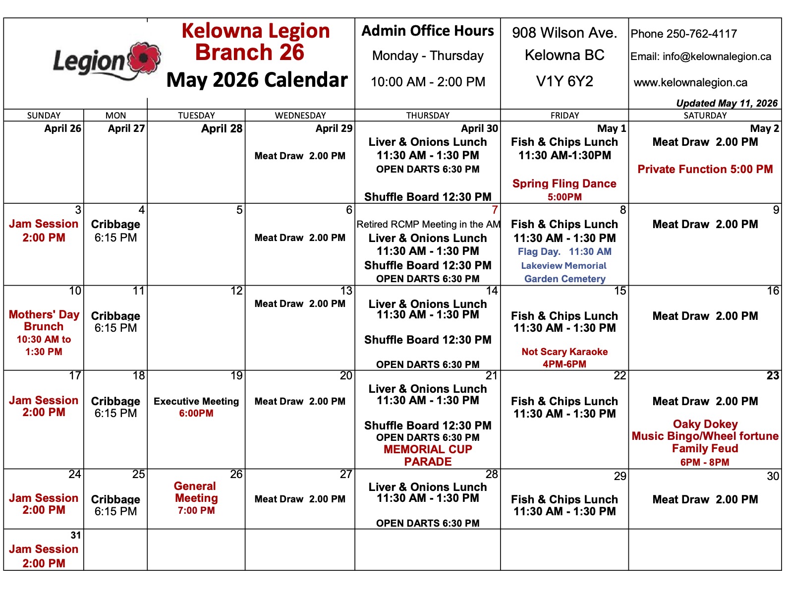 May 2026 Calendar - Kelowna Legion Branch 26