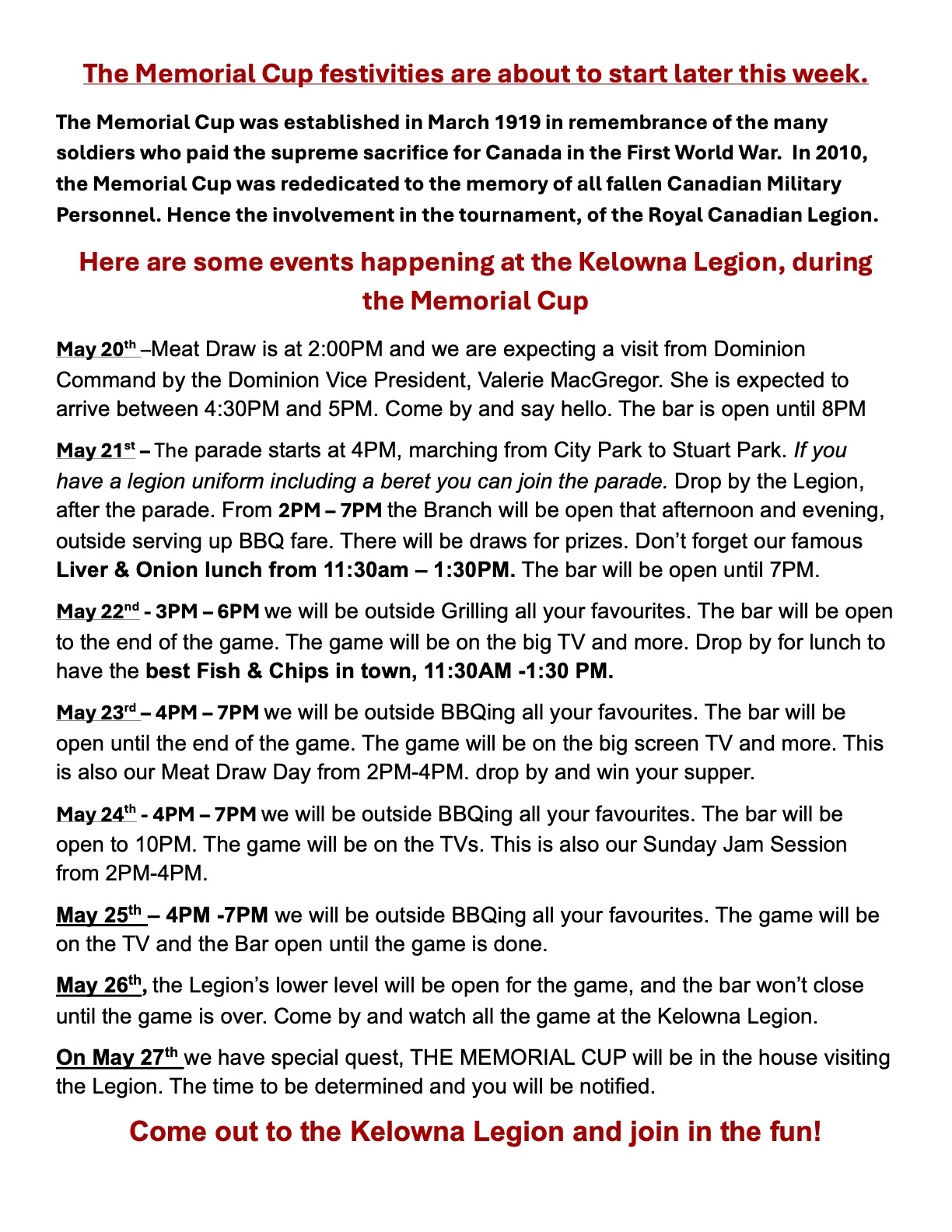 Memorial Cup Activities at the Kelowna Legion