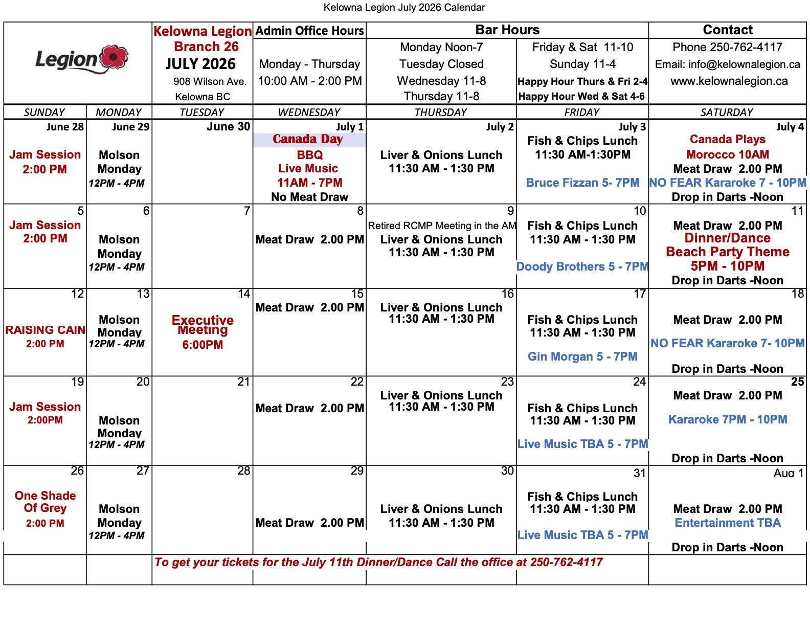 July 2026 CALENDAR - Kelowna Legion