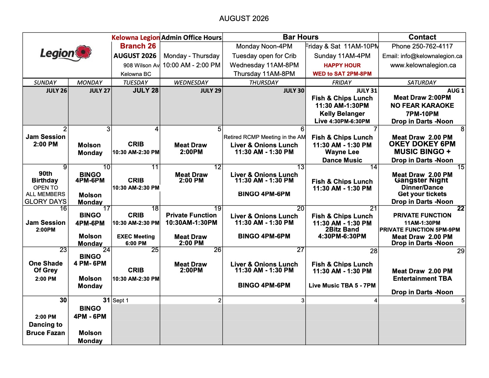August 2026 CALENDAR - Kelowna Legion