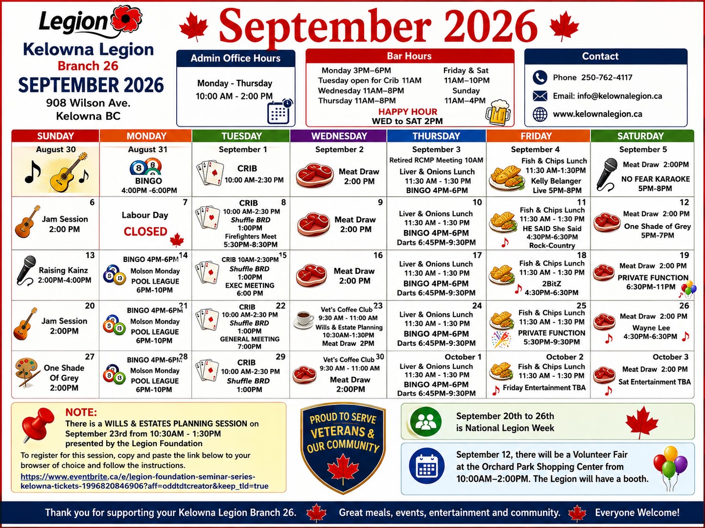 September 2026 CALENDAR - Kelowna Legion