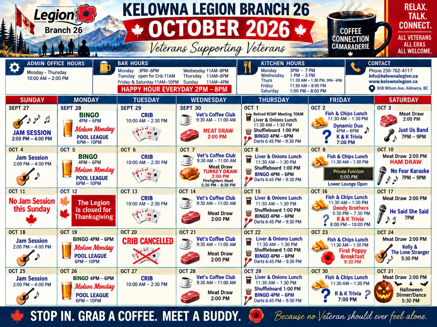 October 2026 CALENDAR - Kelowna Legion